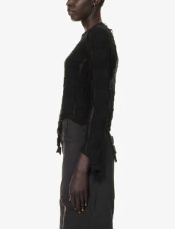 Long-sleeved Raw-hem Cotton Knitted Top -Whistlkes Style R04164424 BLACK ALT02