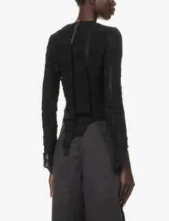 Long-sleeved Raw-hem Cotton Knitted Top -Whistlkes Style R04164424 BLACK ALT03