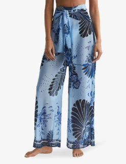 Reiss Ginnie Palm-print Wide-leg Mid-rise Woven Trousers -Whistlkes Style R04164815 BLUEPRINT ALT02