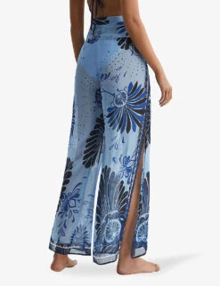 Reiss Ginnie Palm-print Wide-leg Mid-rise Woven Trousers -Whistlkes Style R04164815 BLUEPRINT ALT03