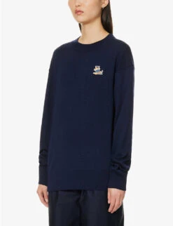 Brand-appliqué Ribbed-trim Wool-knit Jumper -Whistlkes Style R04166216 NAVY ALT02