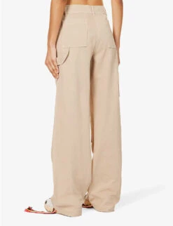 Palm Angels Bull Brand-patch Wide-leg Mid-rise Cotton Trousers -Whistlkes Style R04166267 BEIGEBEIGE ALT03