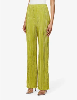 GOOD AMERICAN Wide-leg Mid-rise Plisse Woven Trousers -Whistlkes Style R04166608 CHARTRUSSE001 ALT02