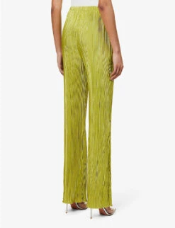 GOOD AMERICAN Wide-leg Mid-rise Plisse Woven Trousers -Whistlkes Style R04166608 CHARTRUSSE001 ALT03