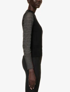 Contrast-panel Semi-sheer Wool-knit Sweatshirt -Whistlkes Style R04167734 BLACKGRAYRED ALT02