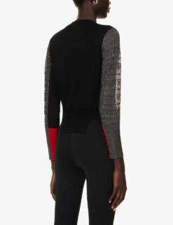 Contrast-panel Semi-sheer Wool-knit Sweatshirt -Whistlkes Style R04167734 BLACKGRAYRED ALT03
