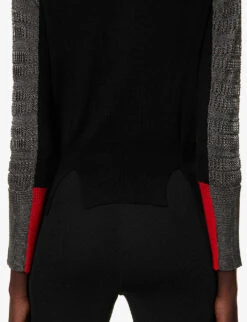 Contrast-panel Semi-sheer Wool-knit Sweatshirt -Whistlkes Style R04167734 BLACKGRAYRED ALT04