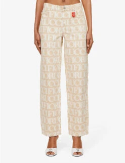 FIORUCCI Monogram-pattern Brand-patch Wide-leg Mid-rise Organic-denim Jeans -Whistlkes Style R04168329 ECRU ALT02