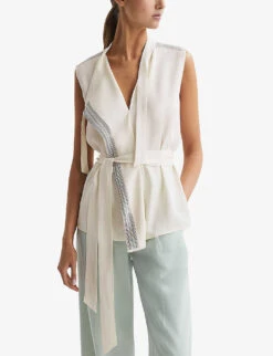 Reiss Romy Stripe-trim Stretch-woven Blouse -Whistlkes Style R04169198 IVORY ALT02