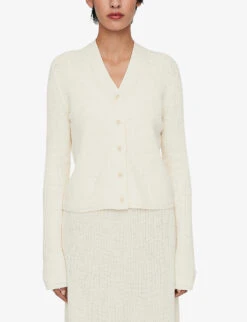 Joseph Buttoned Ribbed-knit Stretch-linen Blend Cardigan -Whistlkes Style R04169976 IVORY ALT02