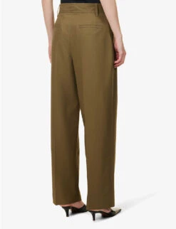 Pleated Wide-leg High-rise Organic-cotton Trousers -Whistlkes Style R04173368 LODENGREEN ALT03