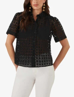 Broderie-anglaise Boxy Cotton Shirt -Whistlkes Style R04181103 BLACK ALT02