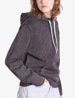 THE KOOPLES Logo-drawstrings Knitted Cotton-blend Hoody -Whistlkes Style R04181725 BLACKWASHED ALT02