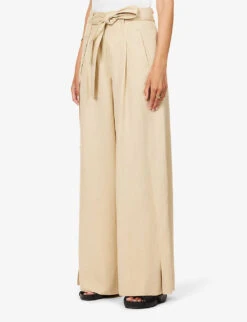 ME AND EM Belted Wide-leg High-rise Woven Trousers -Whistlkes Style R04181884 BISCUIT ALT02