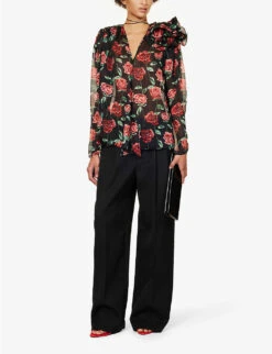 Magda Butrym Floral-embellished Relaxed-fit Silk Blouse -Whistlkes Style R04183228 BLACK ALT01