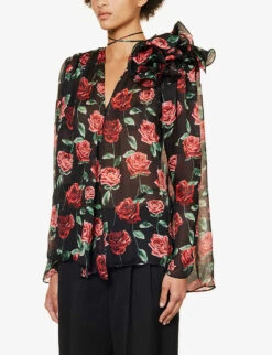 Magda Butrym Floral-embellished Relaxed-fit Silk Blouse -Whistlkes Style R04183228 BLACK ALT02