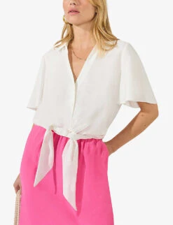 Flutter-sleeve Self-tie Relaxed-fit Woven Shirt -Whistlkes Style R04185925 WHITE ALT02