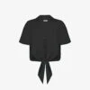 Flutter-sleeve Self-tie Woven Shirt -Whistlkes Style R04185926 BLACK M