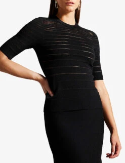 Ted Baker Kahlen Crew-neck Short-sleeve Knitted T-shirt -Whistlkes Style R04189322 BLACK ALT02