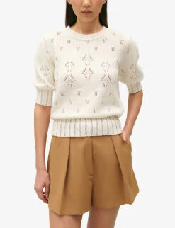 CLAUDIE PIERLOT Madrigal Puff-sleeve Decorative-stitch Cotton-blend Jumper -Whistlkes Style R04189892 NATURELS ALT02