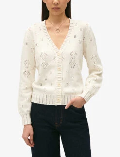 CLAUDIE PIERLOT Pointelle V-neck Cotton-blend Cardigan -Whistlkes Style R04189896 NATURELS ALT04