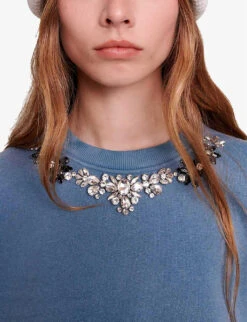 Maje Tonix Gradient Jewel-embellished Cotton-jersey Sweatshirt -Whistlkes Style R04190011 BLEUS ALT04