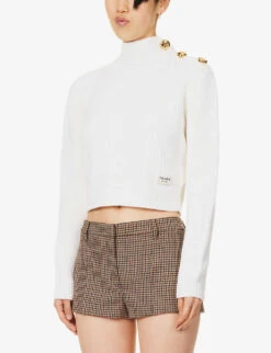 Prada High-neck Logo-appliqué Wool Knitted Jumper -Whistlkes Style R04192403 WHITE ALT02