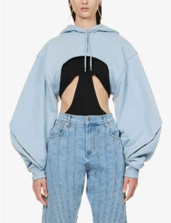 Mugler Asymmetric-hem Cropped Organic-cotton Hoody -Whistlkes Style R04192672 LIGHTBLUE ALT02