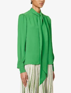 ME AND EM Shirred-trim Self-tie Silk Blouse -Whistlkes Style R04194877 RAINFORESTGREEN ALT02