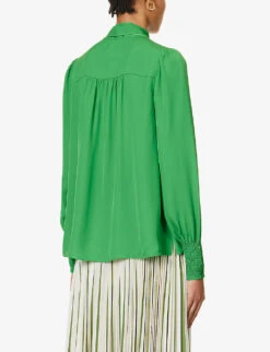 ME AND EM Shirred-trim Self-tie Silk Blouse -Whistlkes Style R04194877 RAINFORESTGREEN ALT03