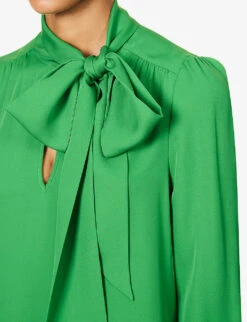ME AND EM Shirred-trim Self-tie Silk Blouse -Whistlkes Style R04194877 RAINFORESTGREEN ALT04