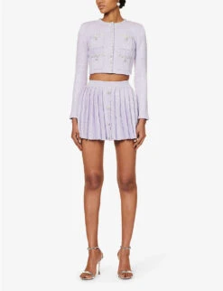 SELF PORTRAIT Sequin-embellished Cropped Cotton And Wool-blend Knitted Cardigan -Whistlkes Style R04195748 PURPLE ALT01