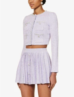 SELF PORTRAIT Sequin-embellished Cropped Cotton And Wool-blend Knitted Cardigan -Whistlkes Style R04195748 PURPLE ALT02