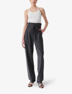IRO Hopie Waist-tie Straight-leg High-rise Stretch-wool Trousers -Whistlkes Style R04196527 GRY01 ALT01