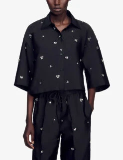 Sandro Mentissa Crystal-embellished Woven Shirt -Whistlkes Style R04197499 NOIRGRIS ALT02