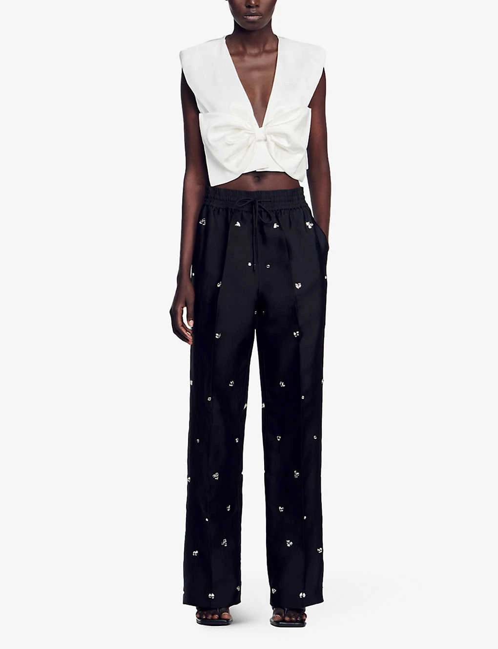 Sandro Rhinestone-embellished Wide-leg Silk-blend Trousers 4 Sandro Rhinestone-embellished Wide-leg Silk-blend Trousers - Image 2