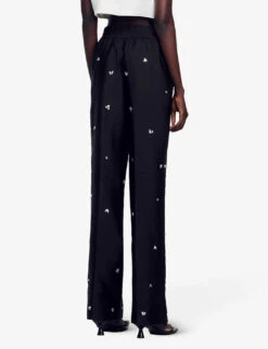 Sandro Rhinestone-embellished Wide-leg Silk-blend Trousers 10 Sandro Rhinestone-embellished Wide-leg Silk-blend Trousers -Whistlkes Style R04197503 NOIRGRIS ALT03