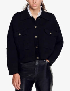 Sandro Marcel Button-embellished Stretch-knit Cropped Cardigan -Whistlkes Style R04197694 NOIRGRIS ALT02