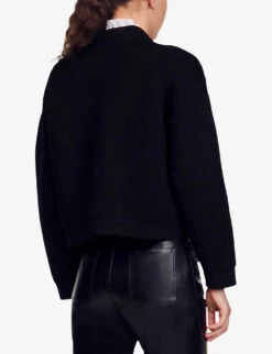 Sandro Marcel Button-embellished Stretch-knit Cropped Cardigan -Whistlkes Style R04197694 NOIRGRIS ALT03