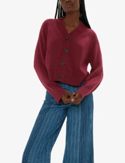 Whistles Ribbed Long-sleeve Relaxed-fit Cotton Cardigan -Whistlkes Style R04208927 PLUMCLARET ALT02